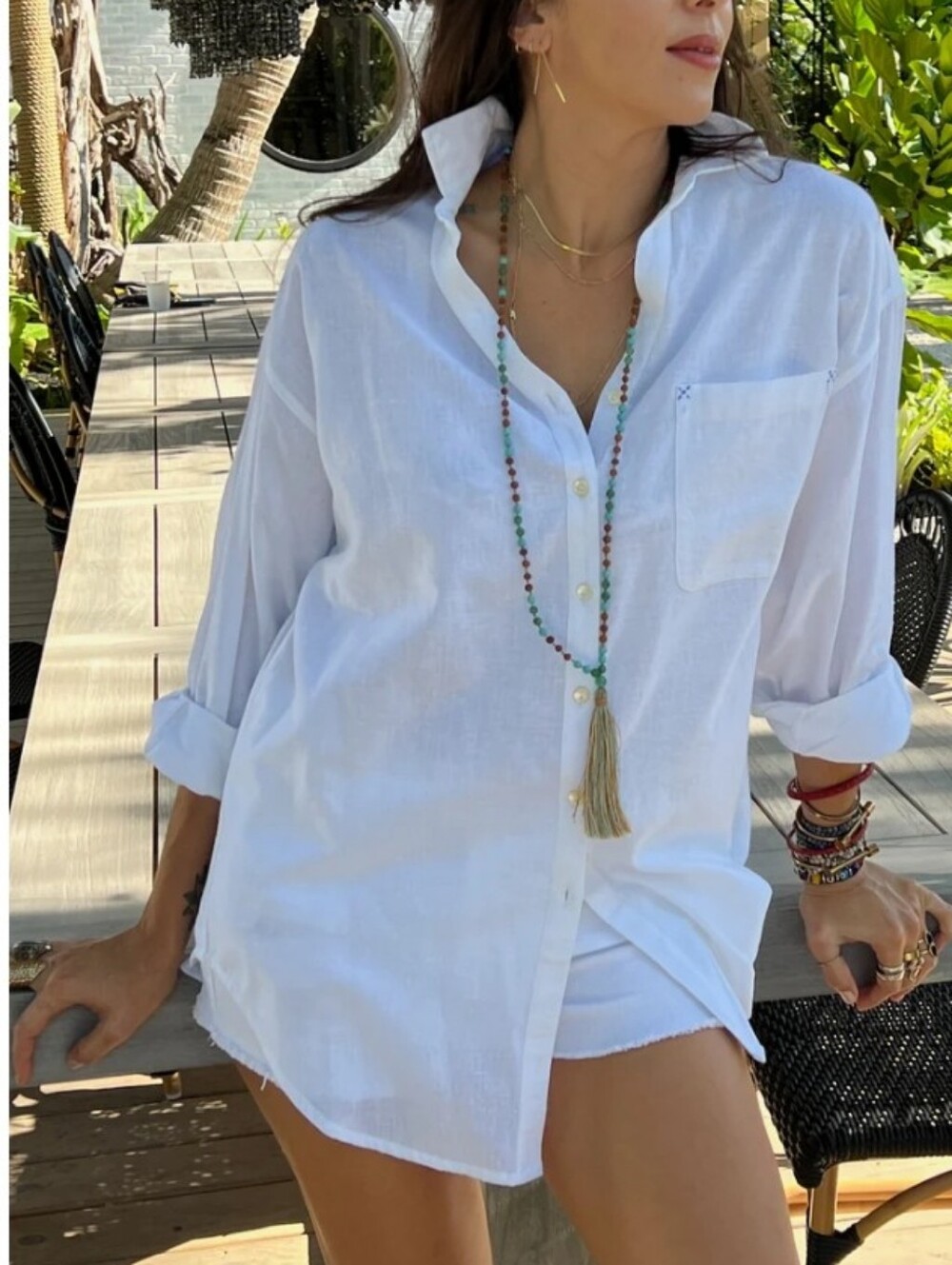 Sigrid Olsen 100% Linen White Button Down Shirt Size M Coastal Boho